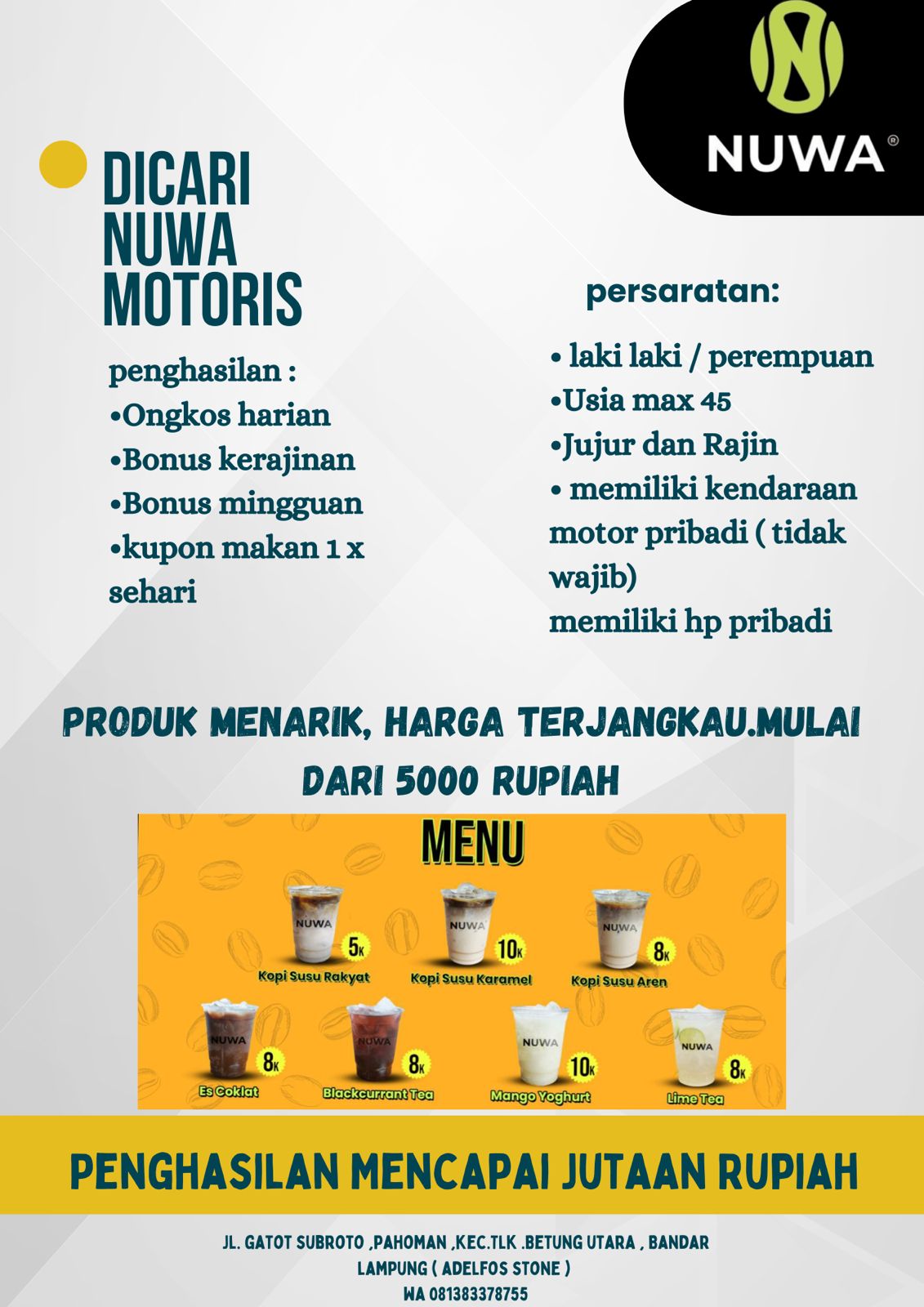 Lowongan Kerja Terbaru Lampung, Brand FnB Ini Buka Loker untuk Nuwa Motoris, Cek Detilnya!