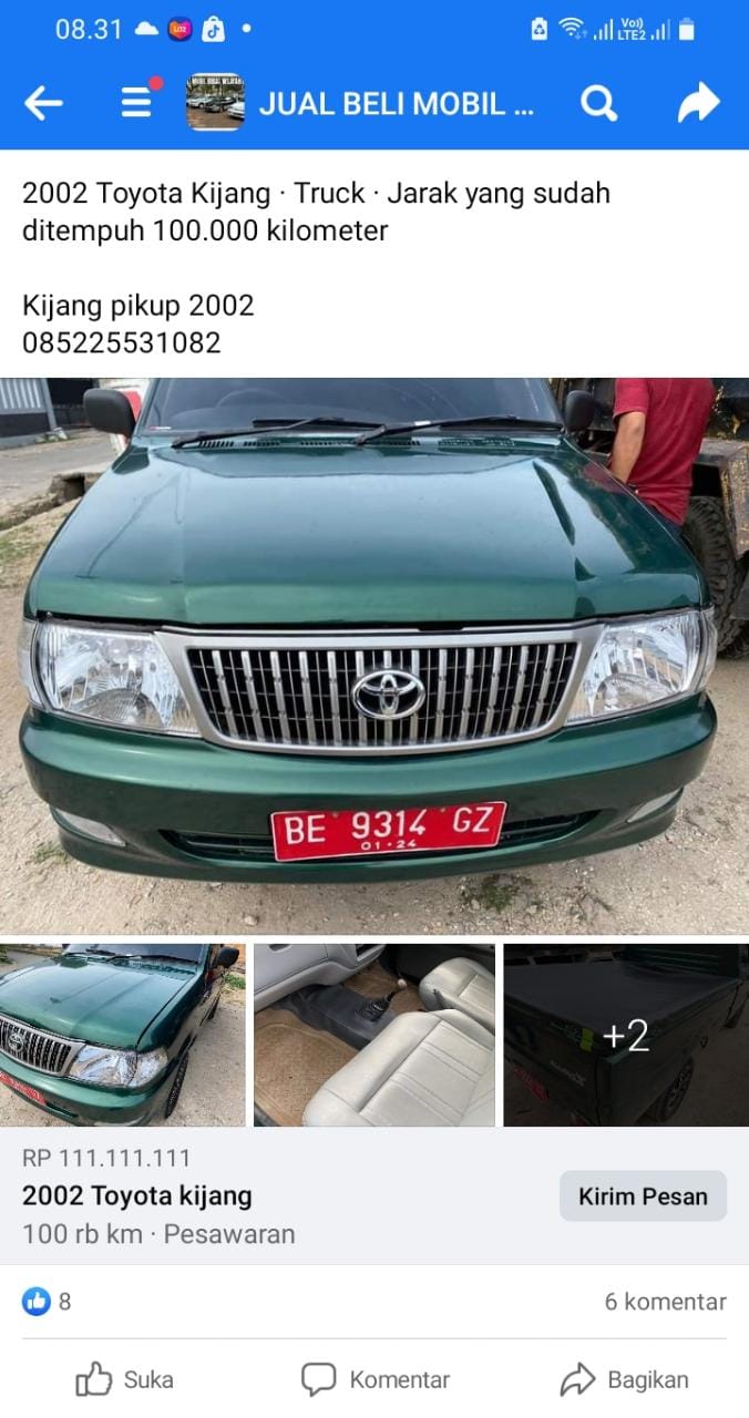 Waduh, Mobil Plat Merah Lampung Tengah Kok Ada di Grup Jual Beli Facebook