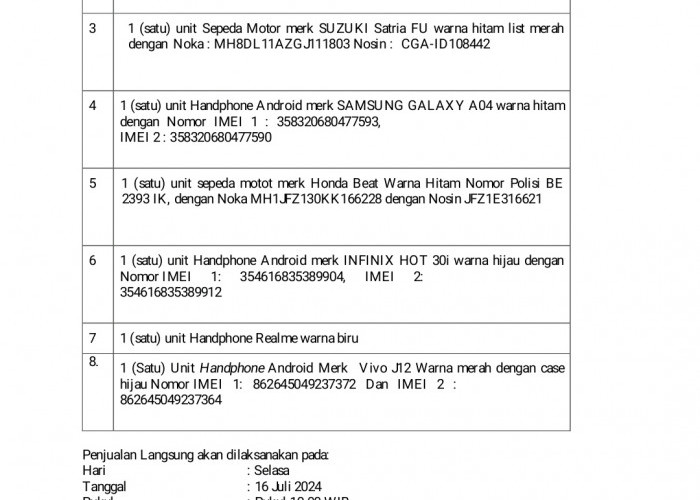 Pengumuman Penjualan Langsung Kejari Tulang Bawang Barat