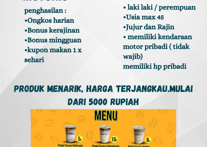 Lowongan Kerja Terbaru Lampung, Brand FnB Ini Buka Loker untuk Nuwa Motoris, Cek Detilnya!