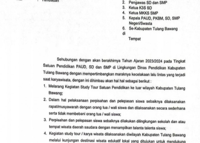 Dinas Pendidikan Tulang Bawang Keluarkan Surat Edaran, Larang Kegiatan Study Tour ke Luar Daerah, Ini Isinya